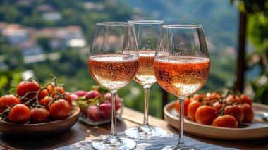 Arkadaki ahşap masada iki kadeh kırmızı şarap, şarap, üzüm, peynir ve beyaz şarap. romantik akşam yemeği.