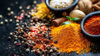 Koyu arkaplanda farklı baharatlar
