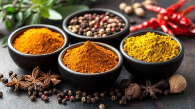 Siyah masa üzerinde baharatlar ve otlar.