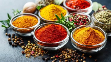 Ahşap zemin üzerine kaşık farklı baharatlar