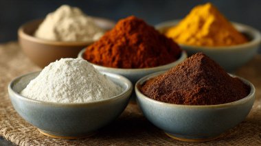 Ahşap arka planda farklı baharatlar var.