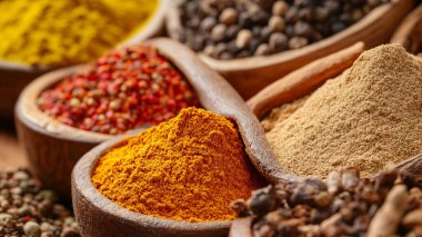 ahşap kutu içinde çeşitli baharatlar