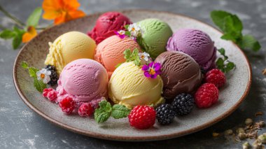 Renkli dondurma kepçeleri ve koniler