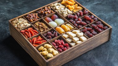 Tahta arka plandaki bir kutuda kurutulmuş meyve ve fındık çeşitleri.