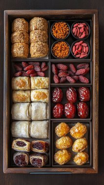 Kutuda farklı türk lezzetleri var. Türk tatlıları, fındıkları ve fındıkları