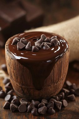 Tahta arka planda çikolata parçalı bir kase çikolata.