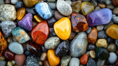 Değişik boyutlarda bir daire şeklinde renkli taşlar.