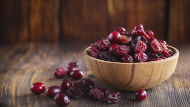 Ahşap arka planda kurutulmuş kırmızı kızılcıklı kase.