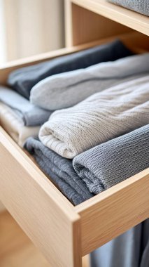 Katlanmış giysiler raflarda