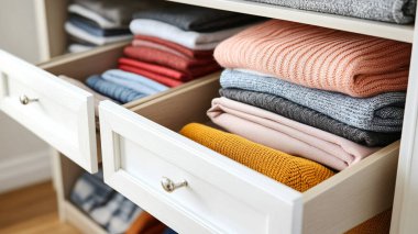 Dolaptaki raflarda bir sürü farklı kıyafet var.