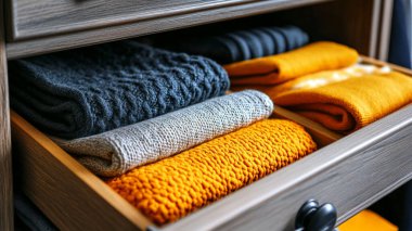 Gardıroptaki ahşap çekmecede bir yığın kalın kazak, mesaj için yer.