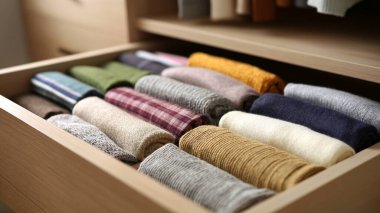 Odadaki raflarda farklı şık kıyafetler yığını. kış mevsimi