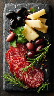 Farklı peynir, salam, zeytin ve biberiye çeşitleri..