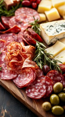 Lezzetli peynirli ve jambonlu bir masa. Yakın çekim