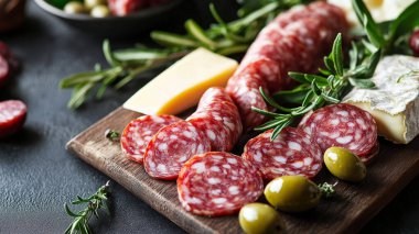 Siyah masada farklı salam ve salam çeşitleri olan bir pano.