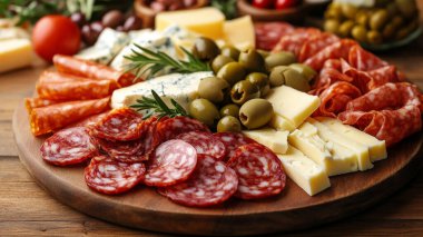 Koyu ahşap arka planda farklı peynir ve aperatifler.