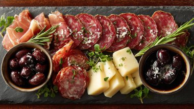 Prosciutto, salam ve zeytinli farklı türde beklentiler.