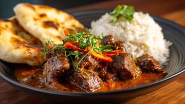 Geleneksel Hint yemeği köri, etli pilav ve sebze.