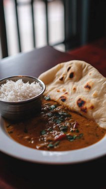 Restoranda pirinç ve sebzeli Hint yemeği..