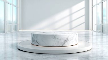 Beyaz ve mavi renkli mermer kürsü. Ürün gösterimi için mermer ve mermer şekilli soyut arkaplan. Kalıplar için 3D oluşturma,