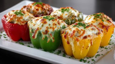 Tabakta peynirle doldurulmuş ızgara dolma biber ve kabak.