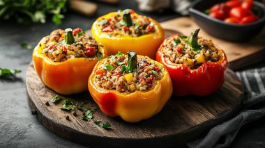 Kıyma, kıyma, kıyma, kıyma, et, sebze ve baharatla doldurulmuş ev yapımı biber..