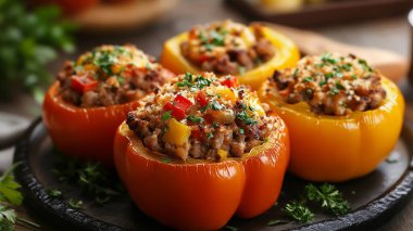 Lezzetli pilav ve sebzeli dolma biber.