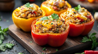 Tahtada kıyma, peynir, sebze ve baharatla doldurulmuş ev yapımı biber.