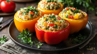 pilav, peynir ve etle doldurulmuş biber.