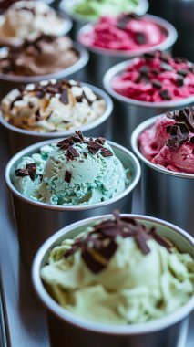 Beyaz arka planda bir kasedeki çeşitli dondurma çeşitleri