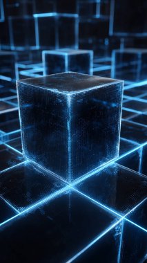 Siyah arkaplanda çizgiler ve noktalar olan mavi bir küp. Bilgisayar tarafından oluşturulmuş görüntü. 3d oluşturma