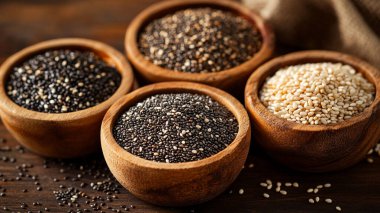 Tahta bir kasede siyah ve beyaz chia tohumları