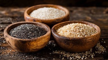 Kil bir kasede çiğ siyah pirinç ve ahşap arka planda ahşap kaşık.