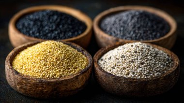 Siyah zemin üzerinde çeşitli pirinç türleri