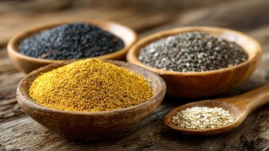 tahta kaşıklar içinde farklı baharatlar