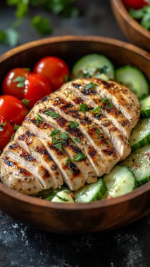 Tahta masada taze sebzeli ızgara tavuk göğsü.