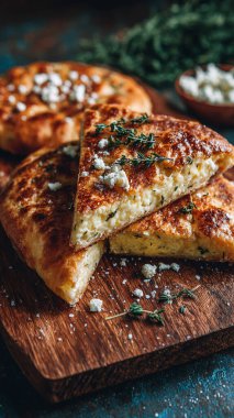 Bir panonun arka planında peynir ve pide, üst görünüm