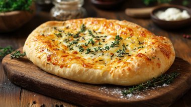 Ahşap zemin üzerinde otlar olan lezzetli fırında peynirli turta.