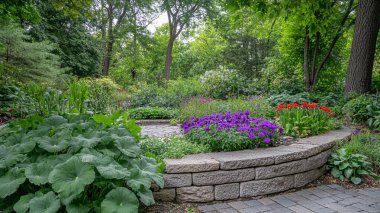 Güzel çiçekler ve bahçeli taş patika..