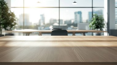 Ahşap masa ve bilgisayar ekranlı modern ofis içi. 3d oluşturma