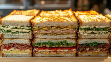 Çeşitli peynirli sandviçler, jambon, peynir ve diğer şeyler.