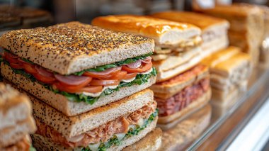 Yakın plan. Farklı türde sandviçler ve ahşap bir masada taze somon balığı..