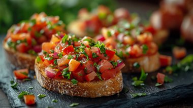 Domates, sarımsak, fesleğen ve peynirli bruschetta..