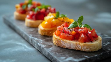 Domatesli kanepe, peynirli fesleğen ve gri taşlı arka planda boşluk