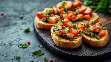 Lezzetli karides, domates, otlar ve sarımsaklı bruschetta.