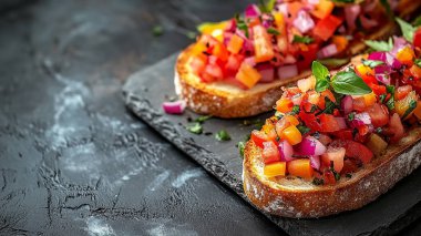 Taze somon, domates, sarımsak ve bitkilerle birlikte schebrutta. sağlıklı atıştırmalık veya atıştırmalık.