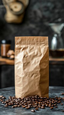 Taze kahve çekirdekleri dolu bir kese kağıdı.