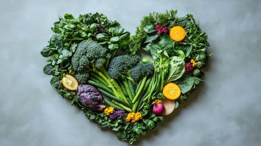 Taze yeşil kalp biçimli sebzeler, beyaz arka planda otlar, üst manzara