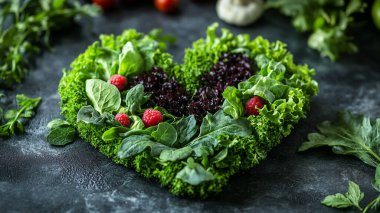 Tahta arka planda taze kalp şekilli çiğ sebzeler.