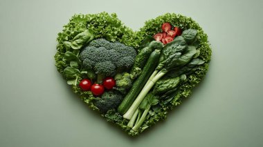 Kalp şeklinde sağlıklı taze sebzeler. Arka planda, üst tarafta. sağlıklı beslenme ve sağlıklı yeme konsepti